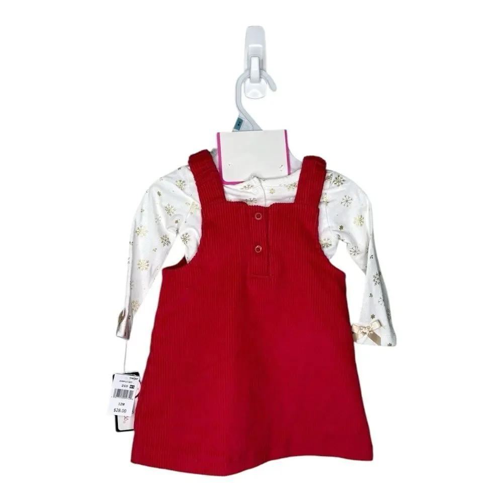 NWT Little Lass Red Corduroy Dress with Reindeer Pockets 12mos Christmas holiday